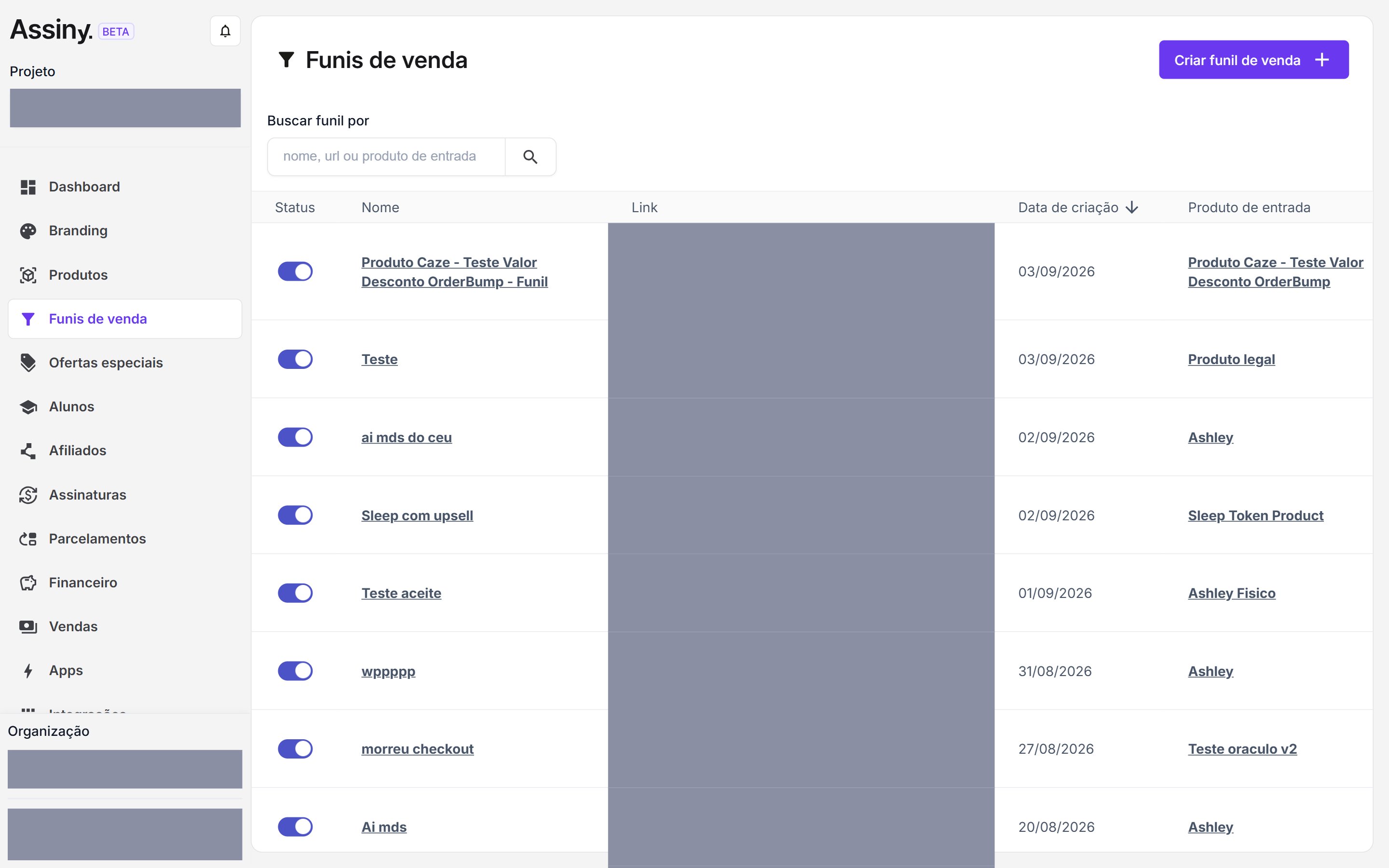Lista de funis de venda com os links de checkout