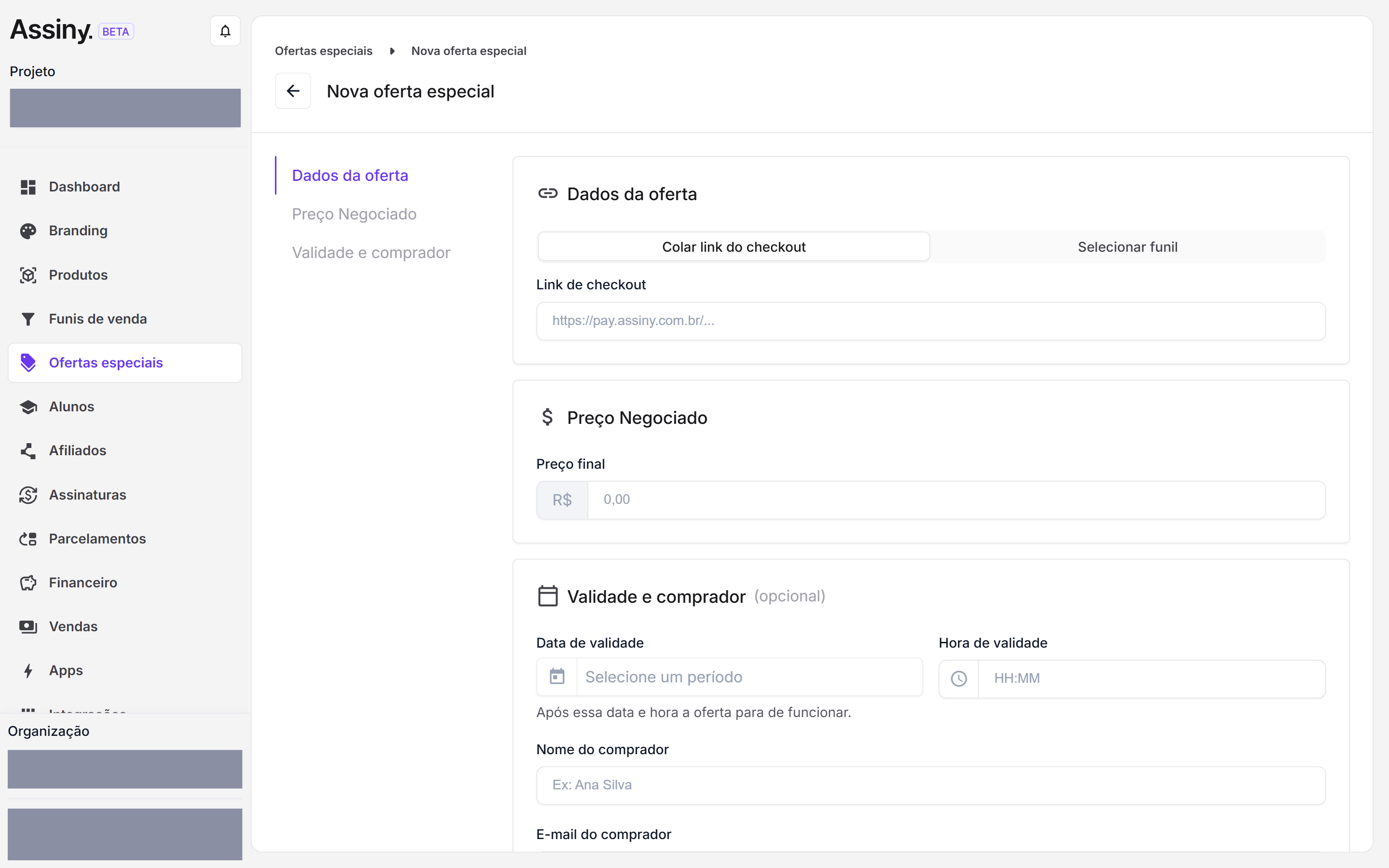 Formulário Nova oferta especial com os botões Colar link do checkout e Selecionar funil, o campo Link de checkout, o campo Preço final e o bloco Validade e comprador