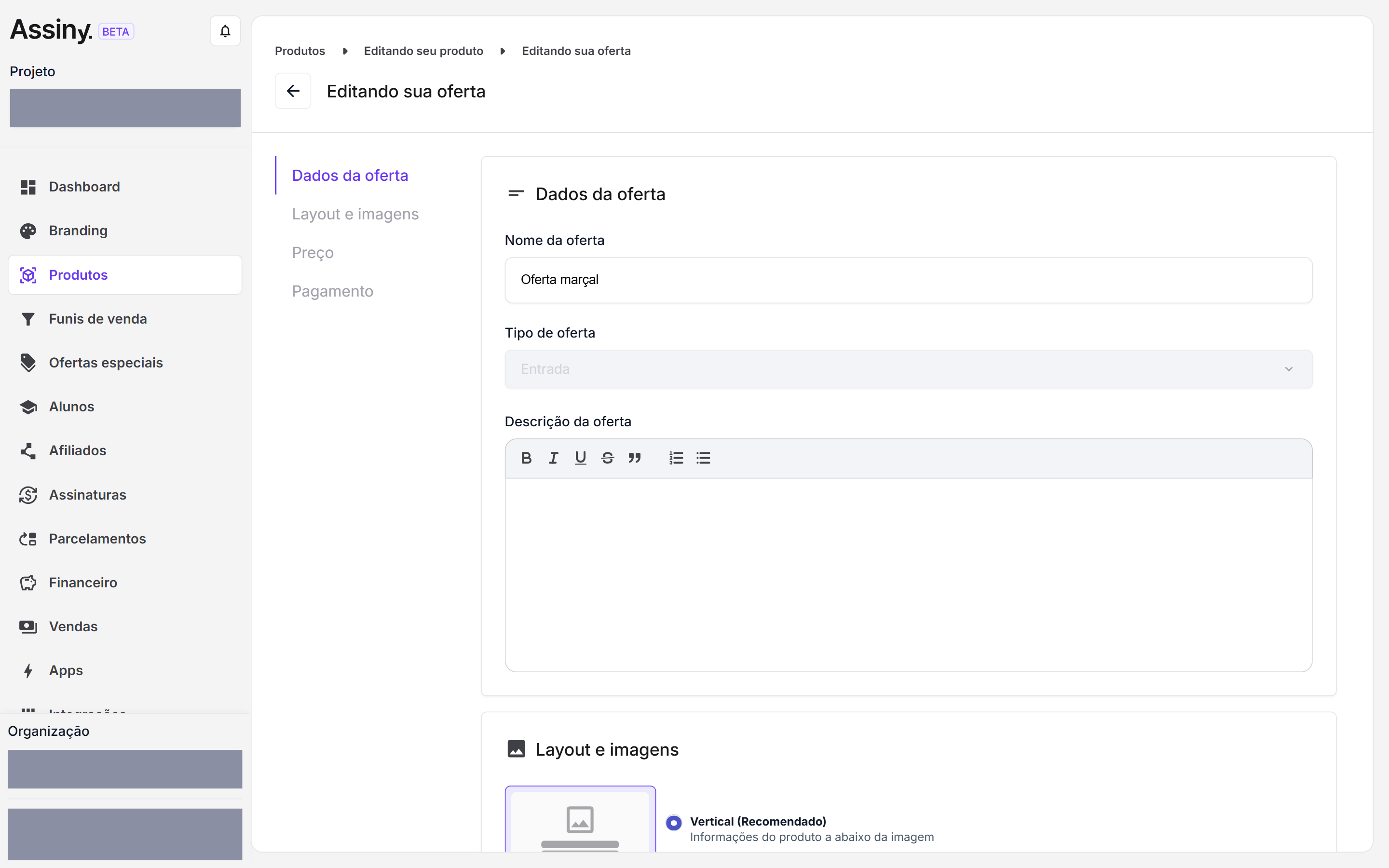 Tela Editando sua oferta com as abas Dados da oferta, Layout e imagens, Preço e Pagamento à esquerda e, à direita, os campos Nome da oferta, Tipo de oferta e Descrição da oferta, seguidos do início do bloco Layout e imagens
