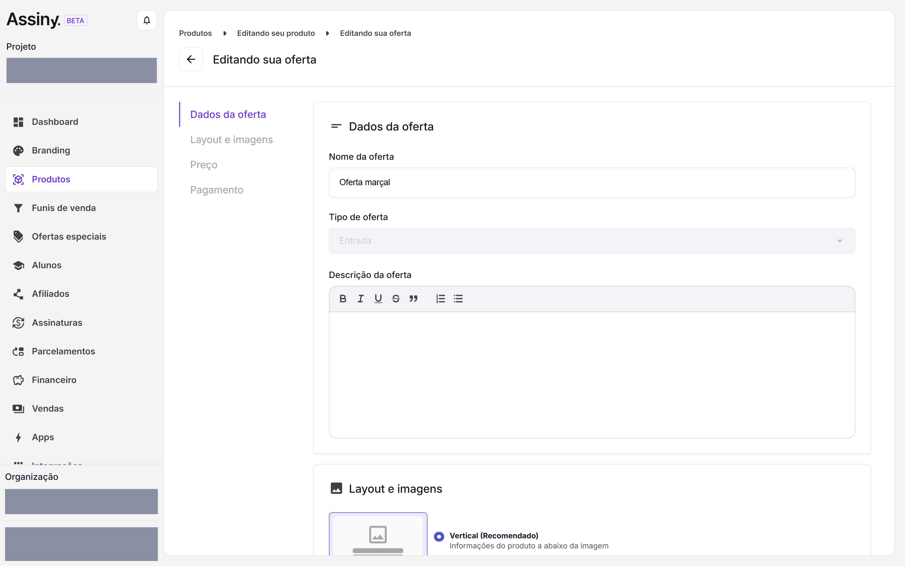 Tela Editando sua oferta com as abas Dados da oferta, Layout e imagens, Preço e Pagamento à esquerda e, à direita, os campos Nome da oferta, Tipo de oferta e Descrição da oferta, seguidos do início do bloco Layout e imagens