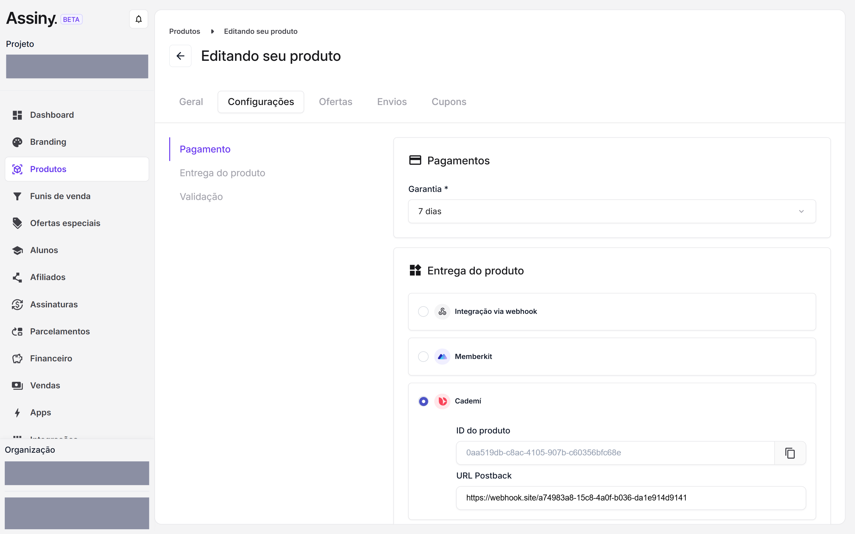 Aba Configurações do produto, com o campo Garantia preenchido em 7 dias e as opções de entrega Integração via webhook, Memberkit e Cademí