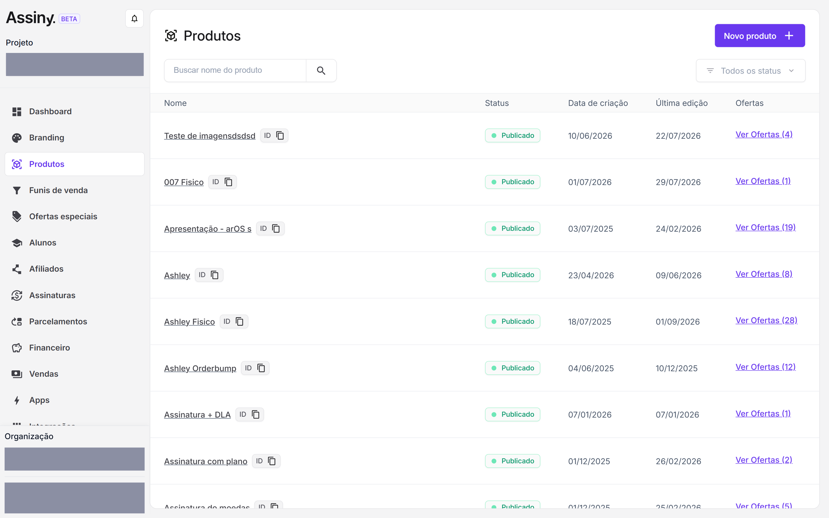 Tela de Produtos com a tabela de status, datas e ofertas