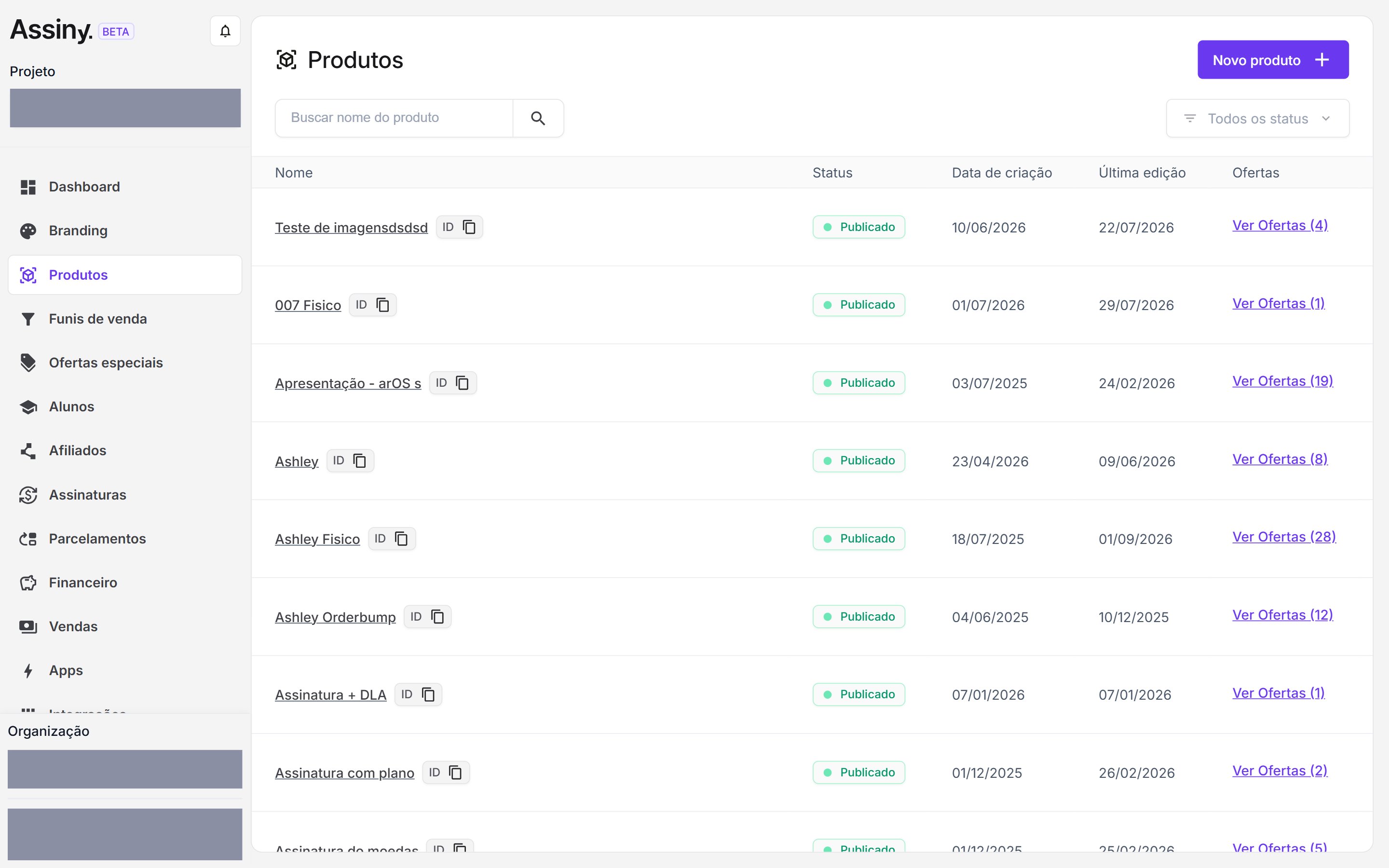 Tela de Produtos com a tabela de status, datas e ofertas