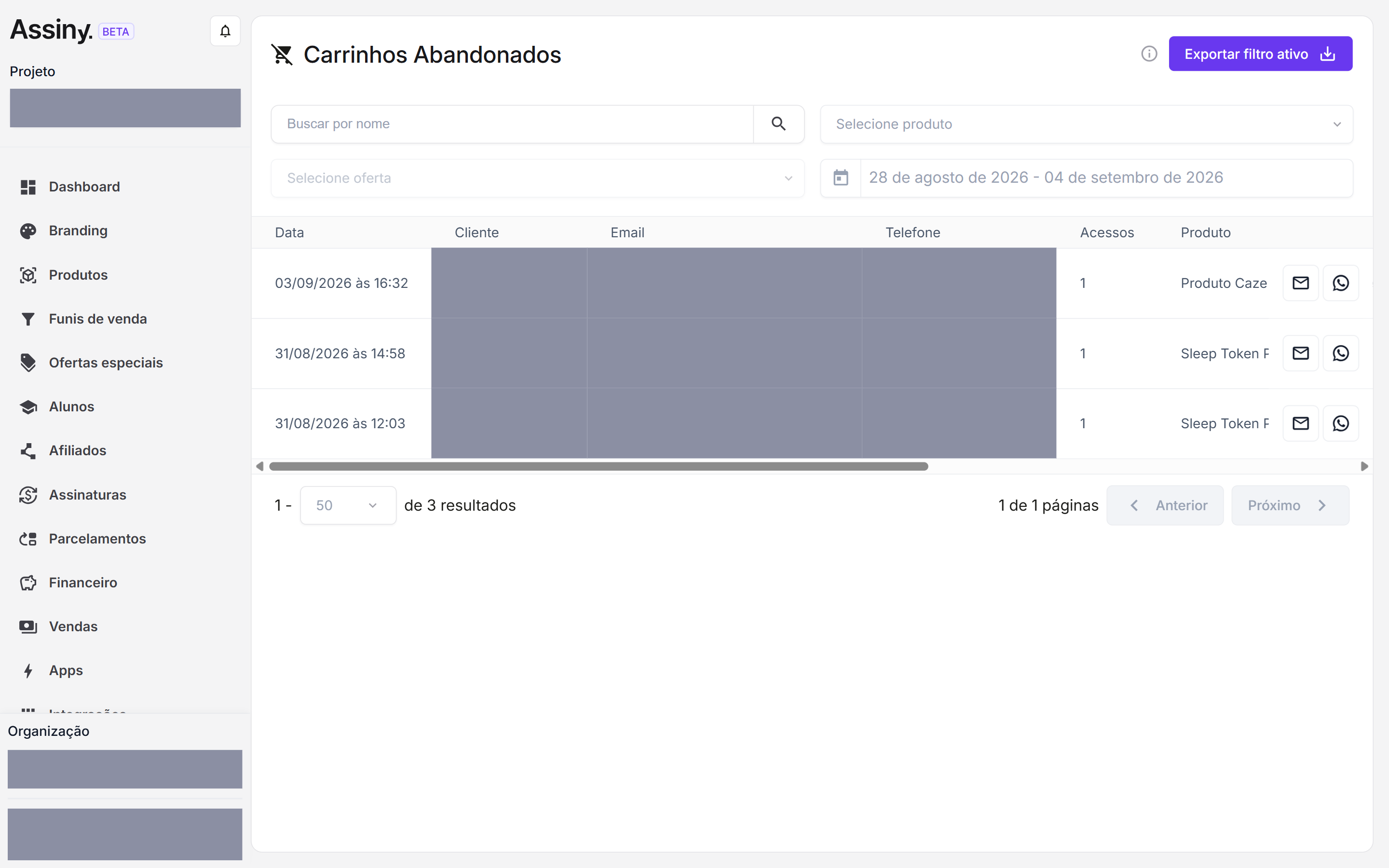 Tela Carrinhos Abandonados do painel: campo de busca por nome, seletores de produto e de oferta e um intervalo de datas acima de uma tabela com as colunas Data, Cliente, Email, Telefone, Acessos e Produto; os dados dos clientes aparecem tarjados.