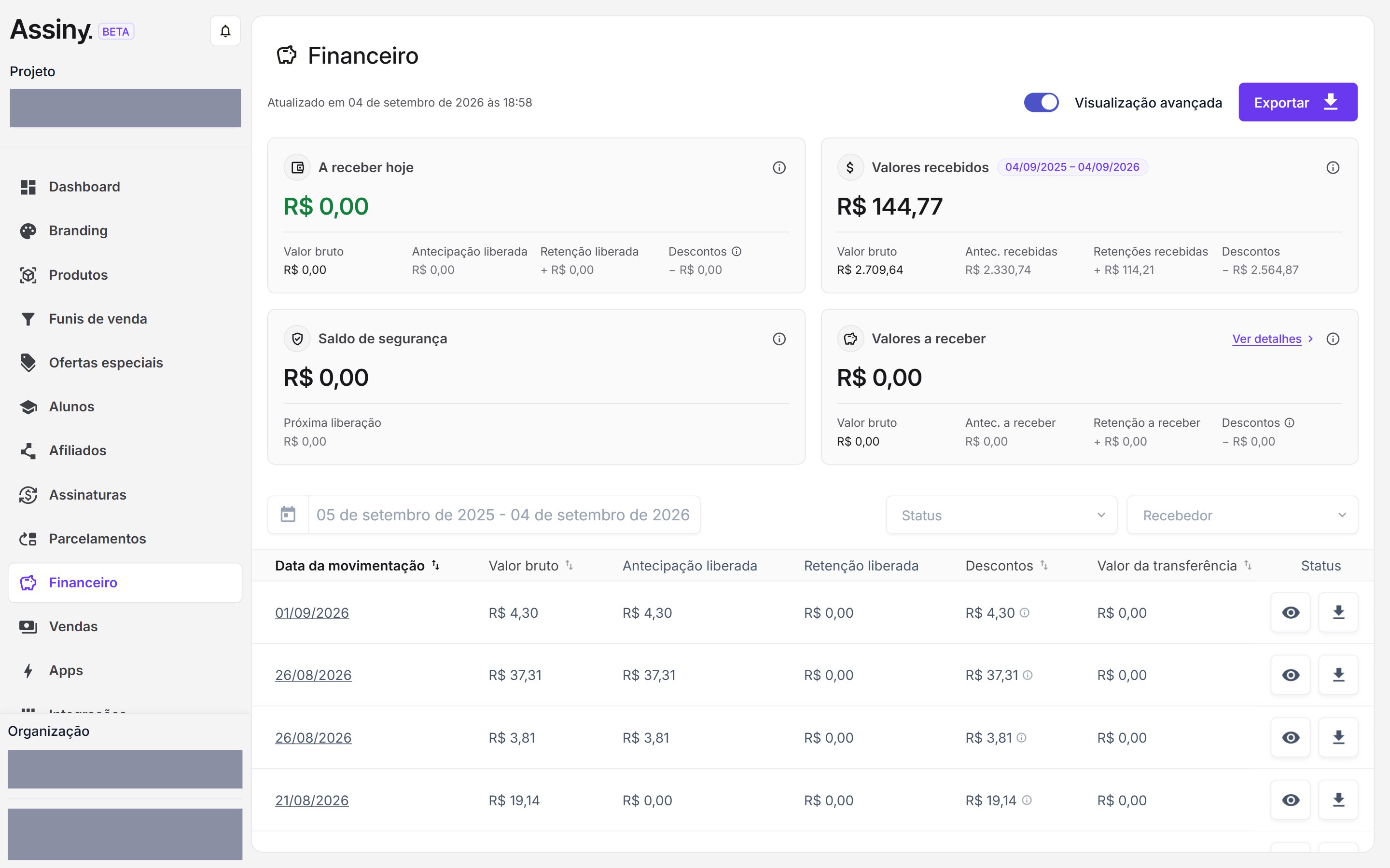 Tela do Financeiro com os quatro cartões, os filtros e a tabela de movimentações