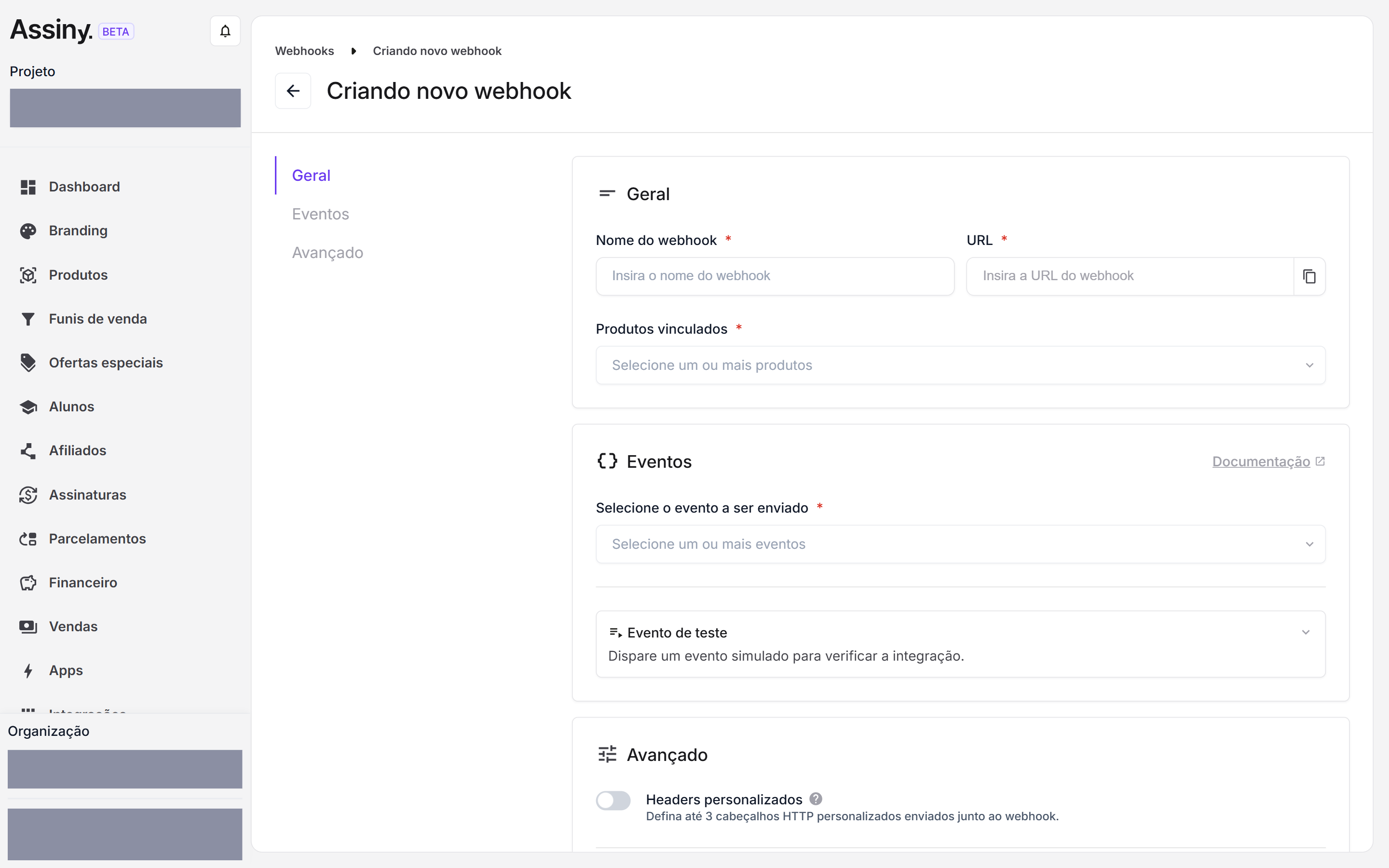 Formulário de criação de webhook com as abas Geral, Eventos e Avançado