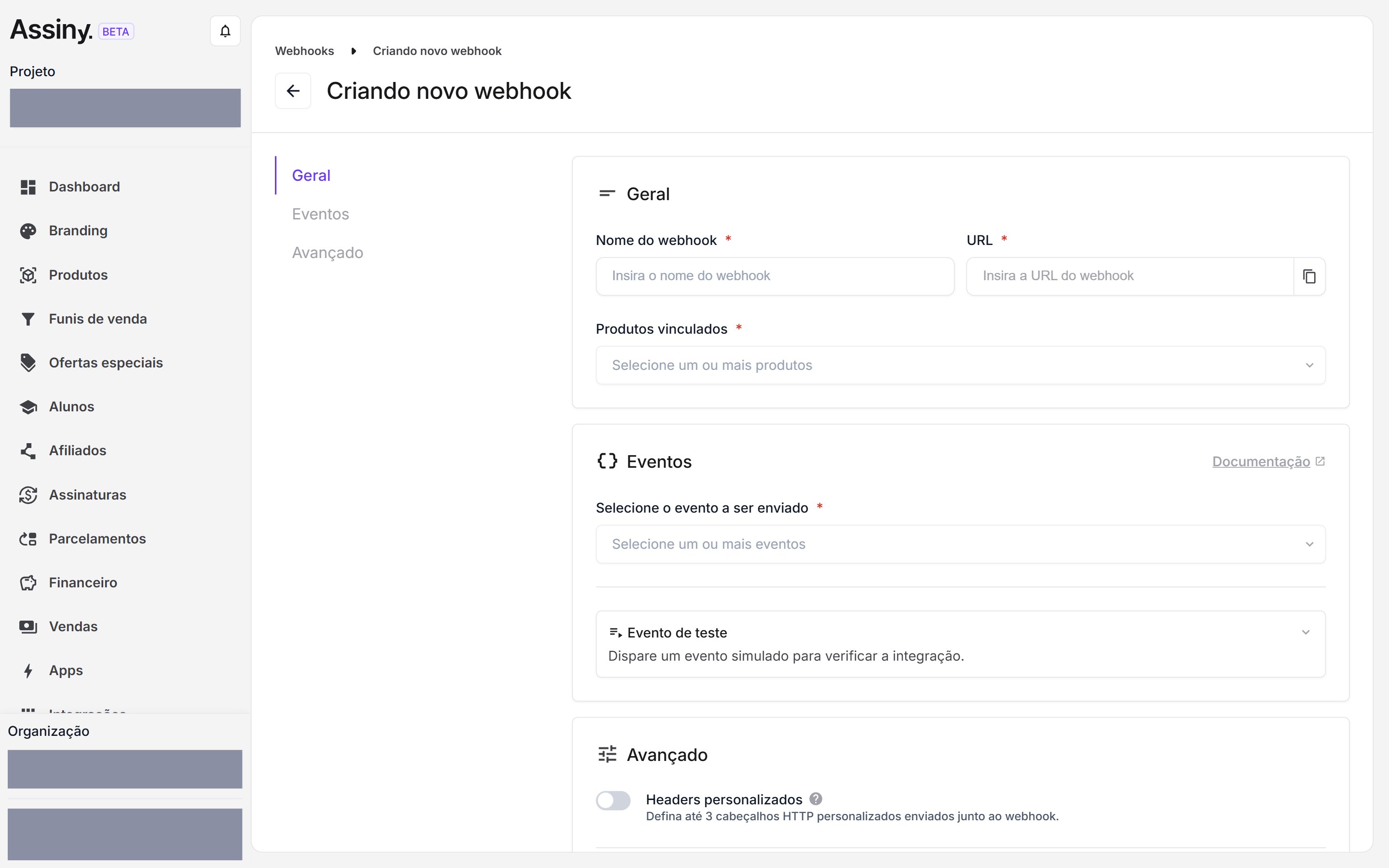 Formulário de criação de webhook com as abas Geral, Eventos e Avançado
