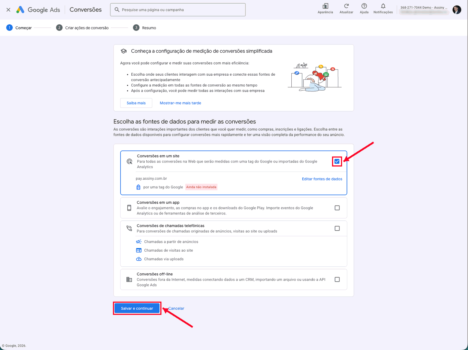 Seleção de fontes de dados no Google Ads com Conversões em um site marcada