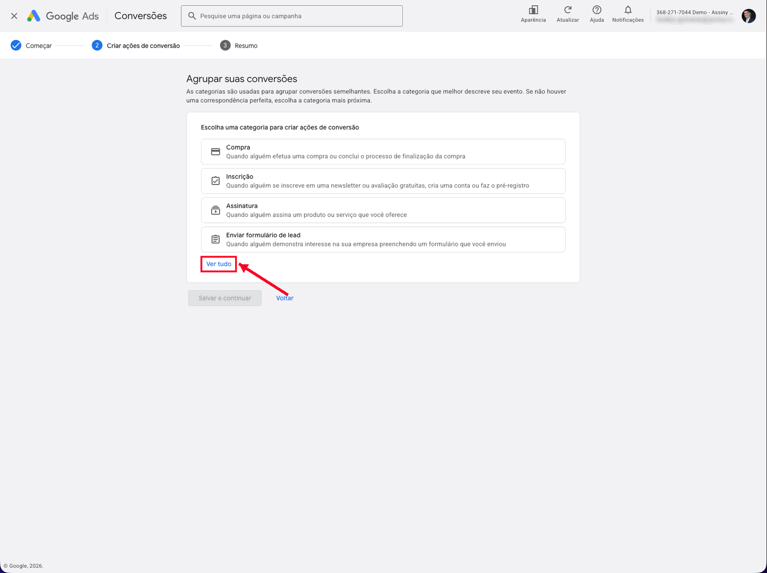 Tela de agrupamento de conversões do Google Ads com a lista curta de categorias