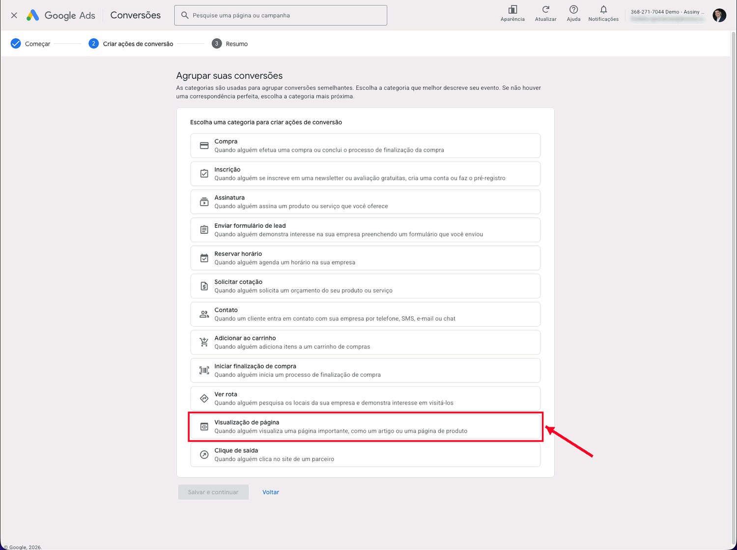 Lista completa de categorias do Google Ads com Visualização de página selecionada