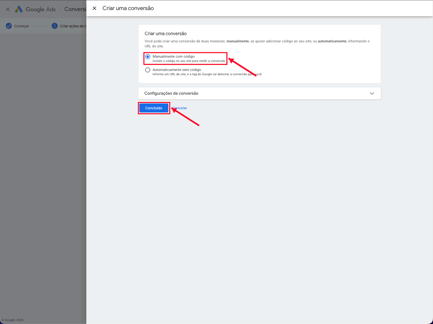 Janela de criação de conversão do Google Ads com a opção manual com código marcada