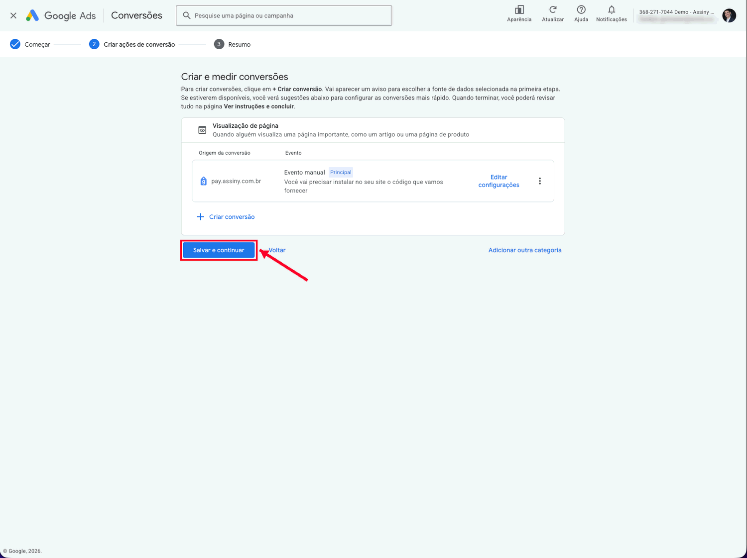 Resumo da ação de conversão criada no Google Ads