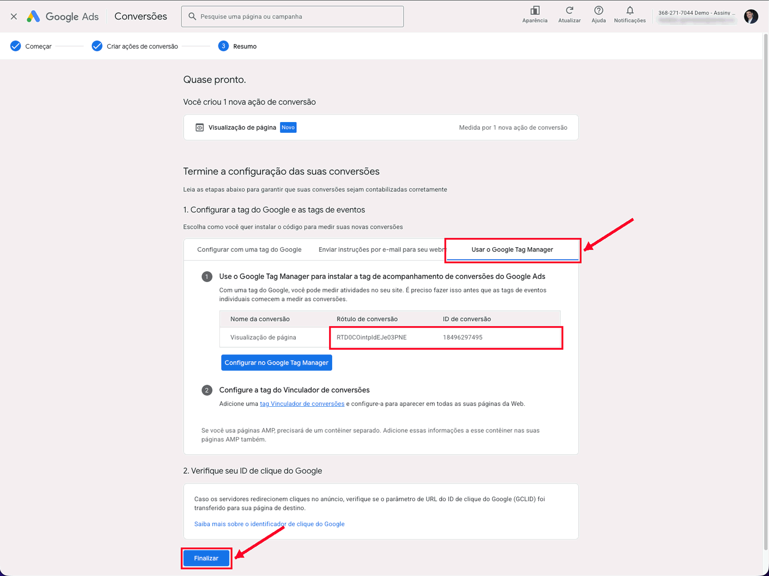 Tabela do Google Tag Manager com o ID de conversão e o rótulo de conversão