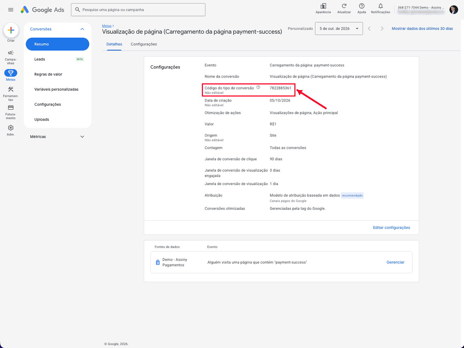 Página de detalhes da ação de conversão do Google Ads com o código do tipo de conversão
