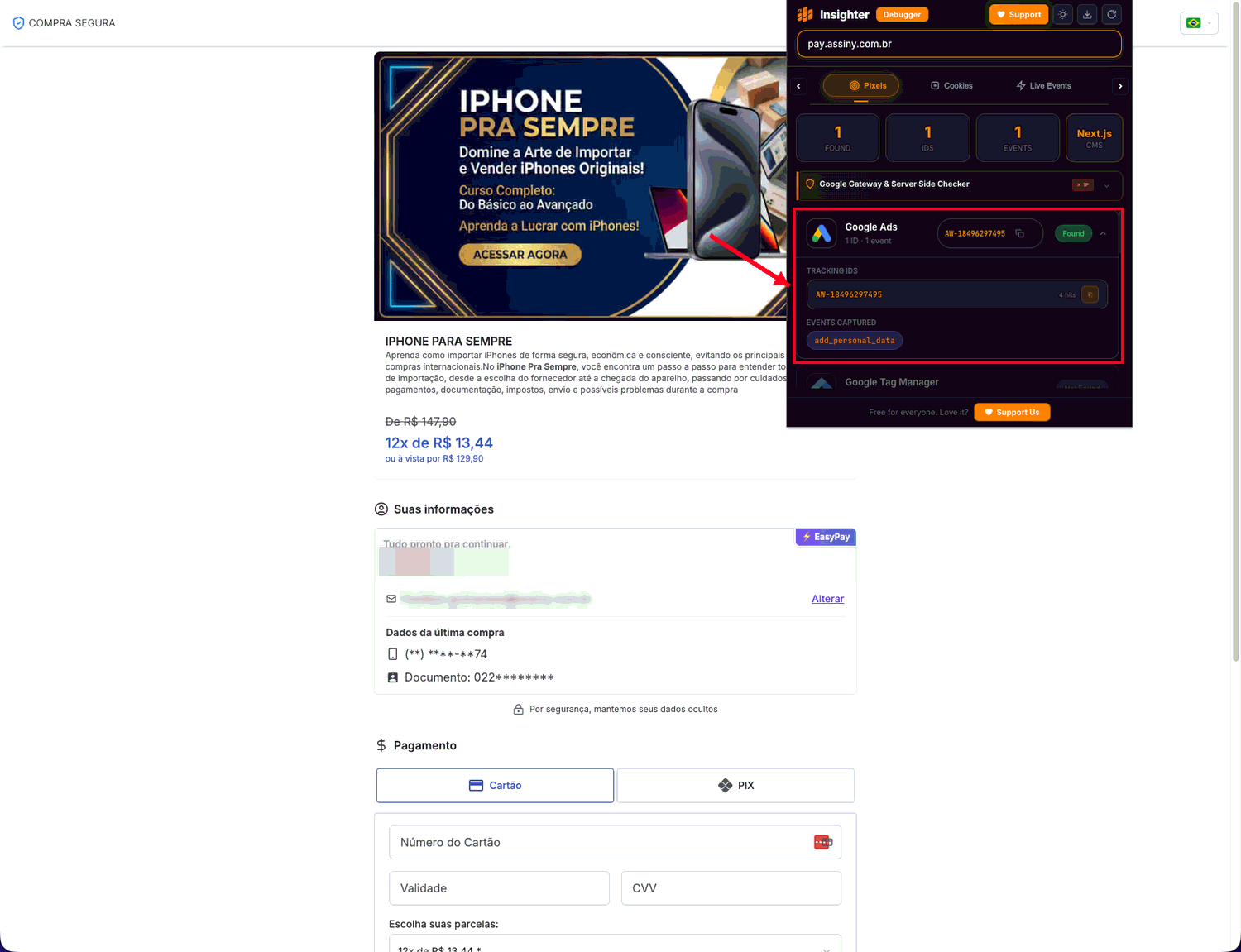 Extensão Insighter Debugger mostrando o Google Ads encontrado no checkout da Assiny
