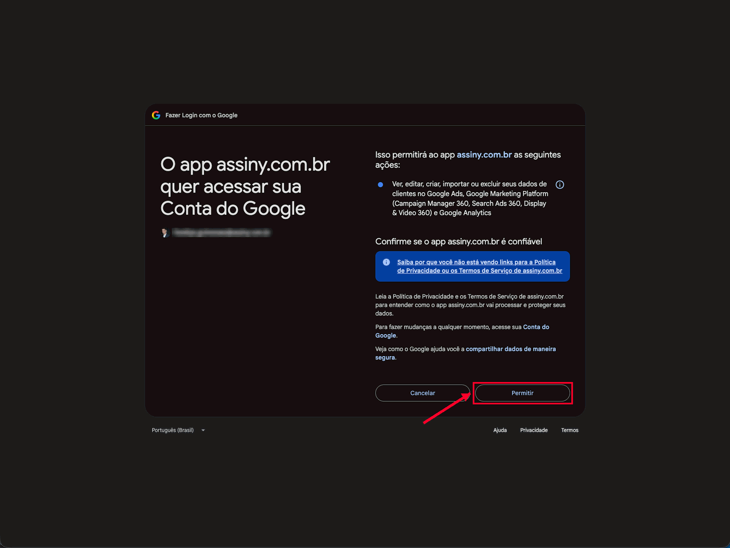 Tela de consentimento do Google para o aplicativo da Assiny