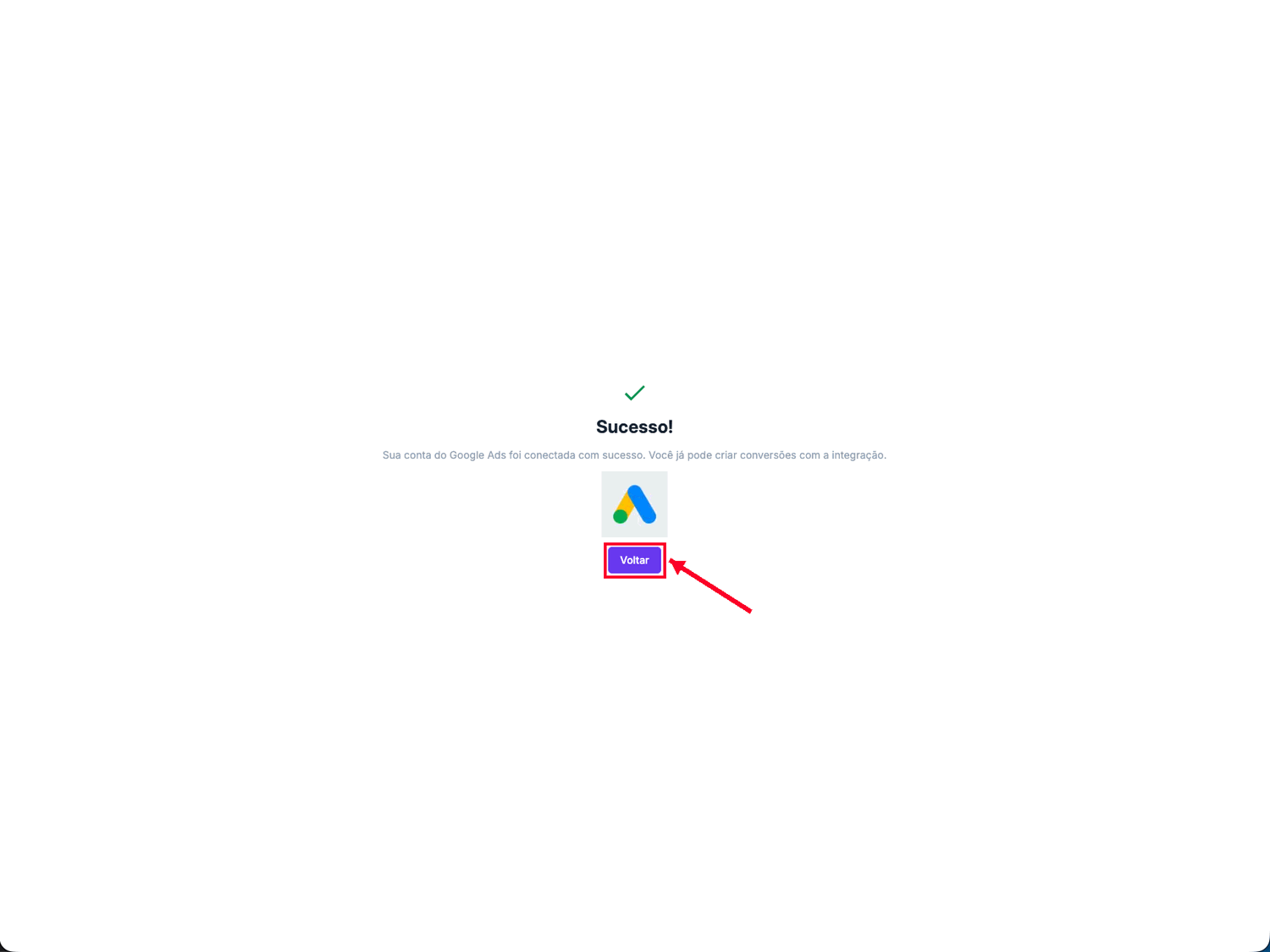 Tela de sucesso da conexão com a conta Google