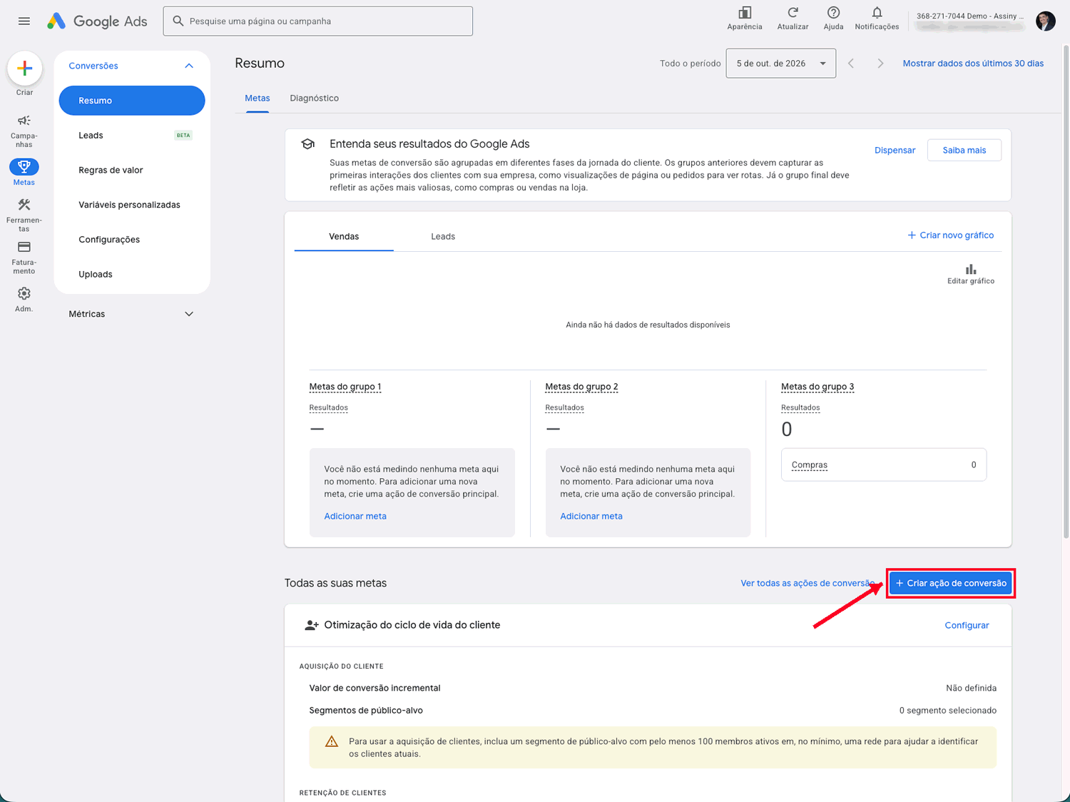 Tela de resumo de conversões do Google Ads com o botão de criar ação de conversão