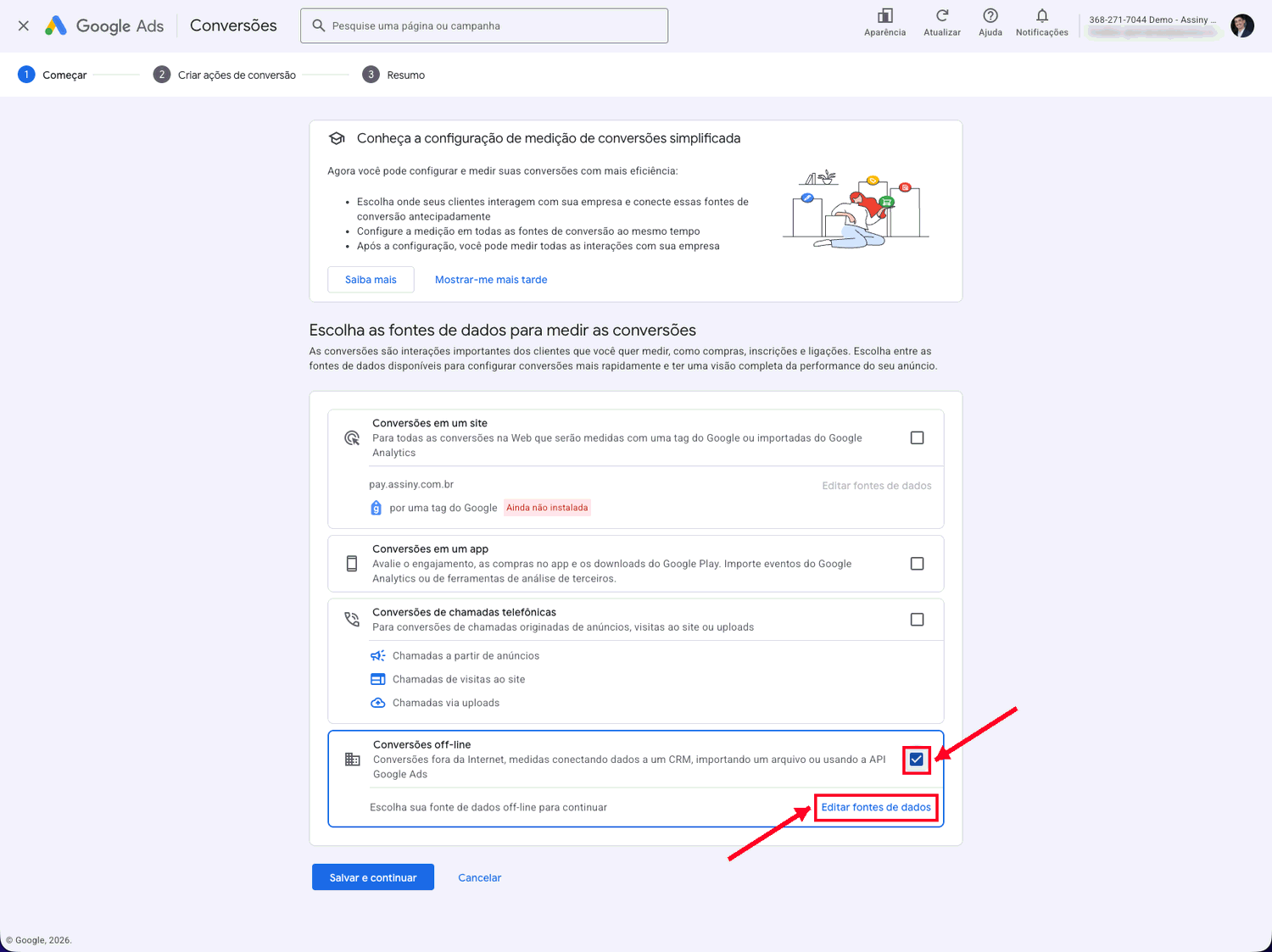 Seleção de fontes de dados do Google Ads com Conversões off-line marcada