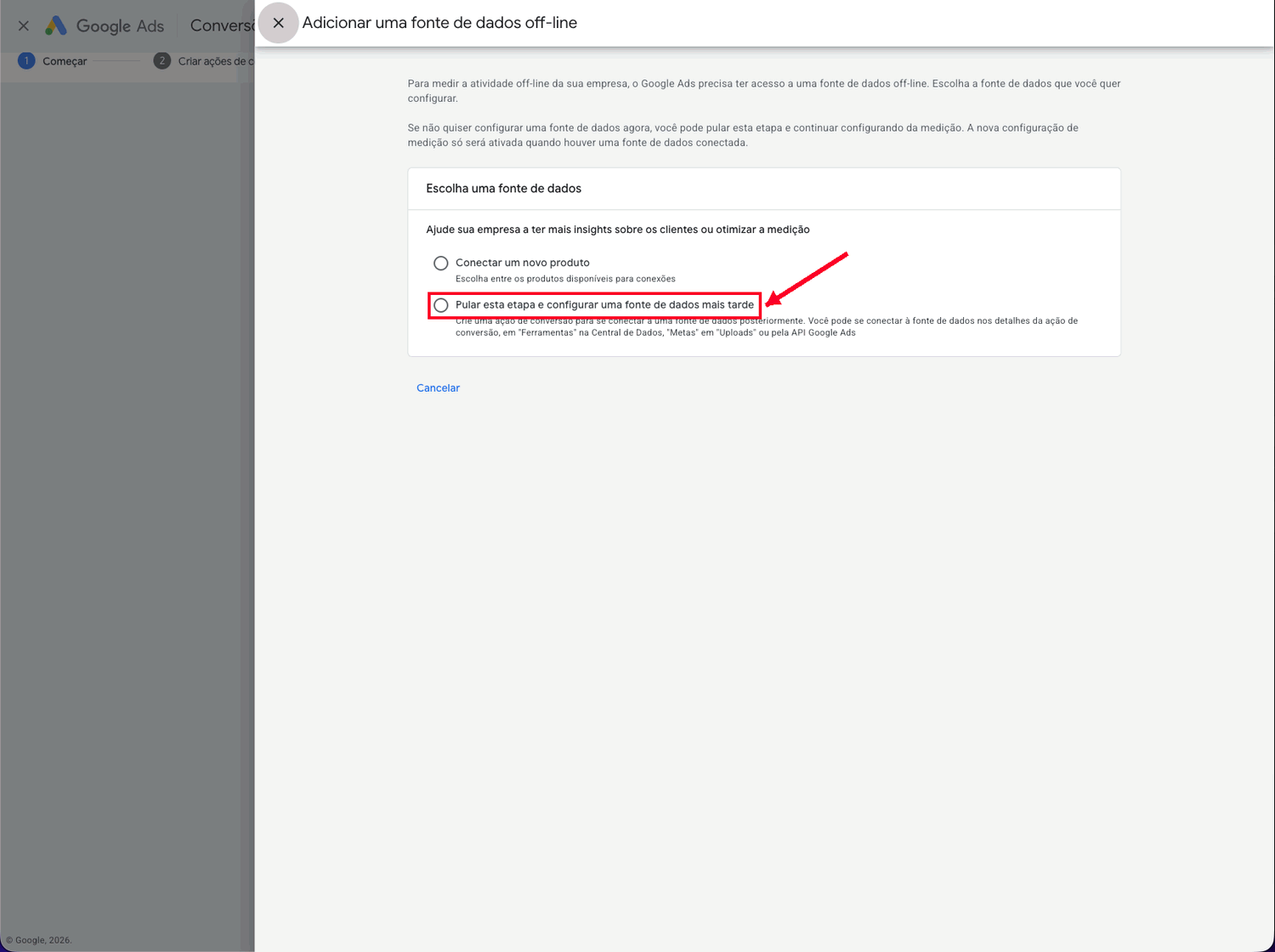 Painel de fonte de dados off-line do Google Ads com a opção de pular a etapa