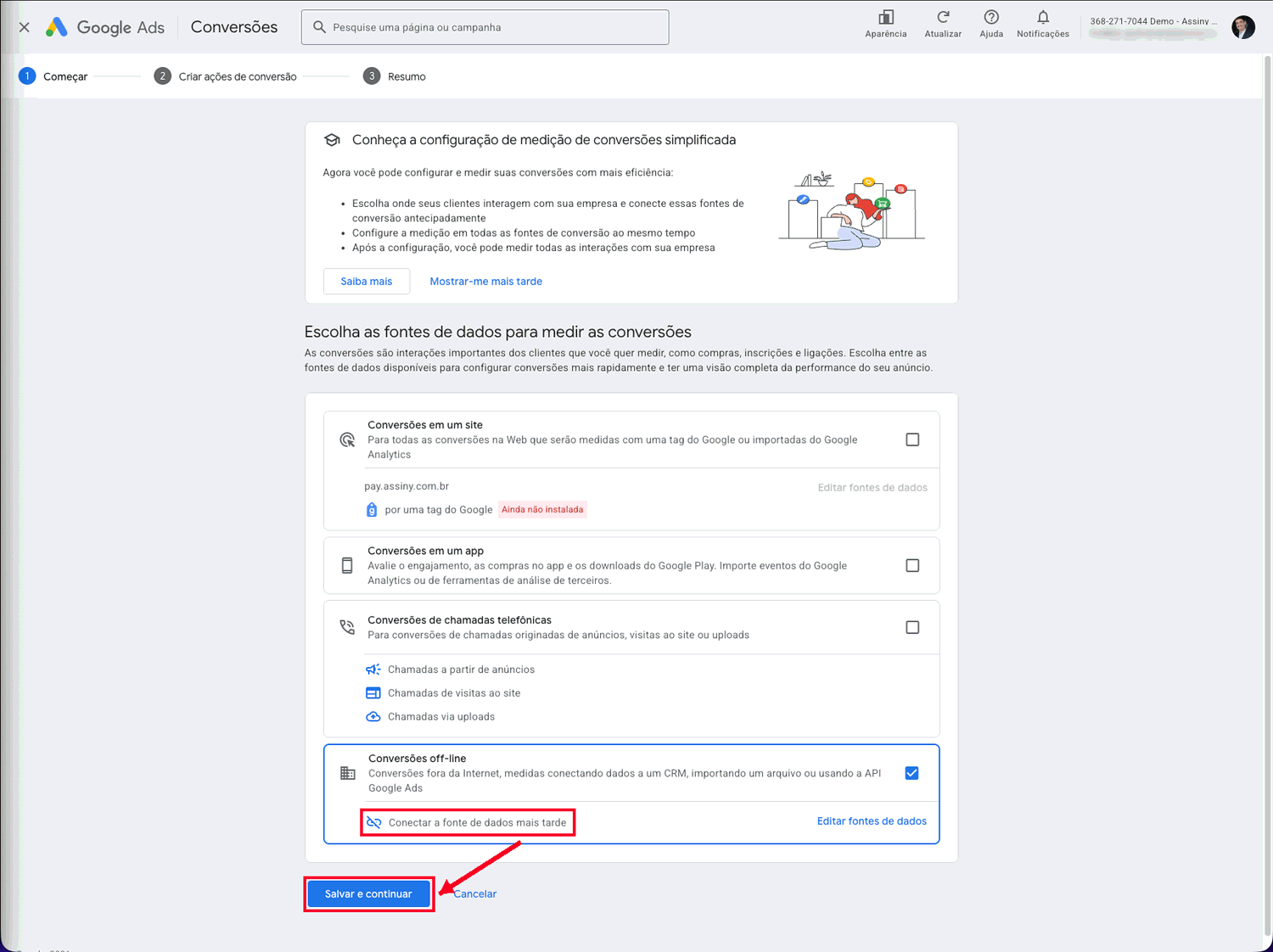Tela de fontes de dados do Google Ads pronta para salvar
