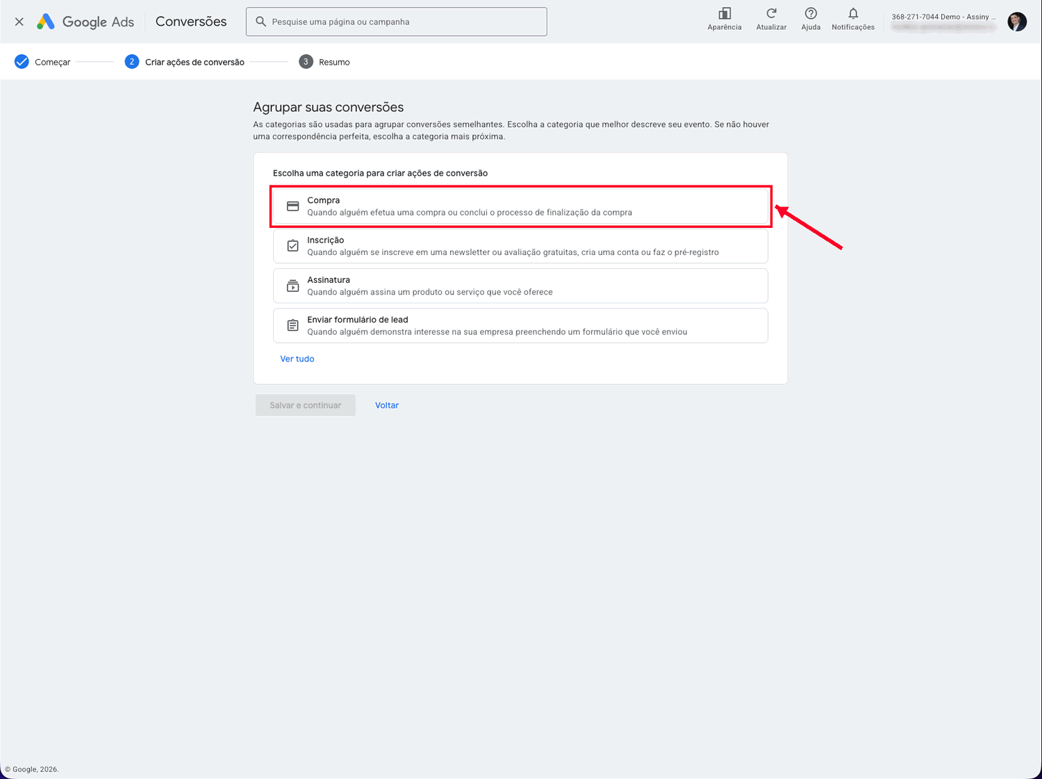 Lista de categorias de conversão do Google Ads com Compra no topo