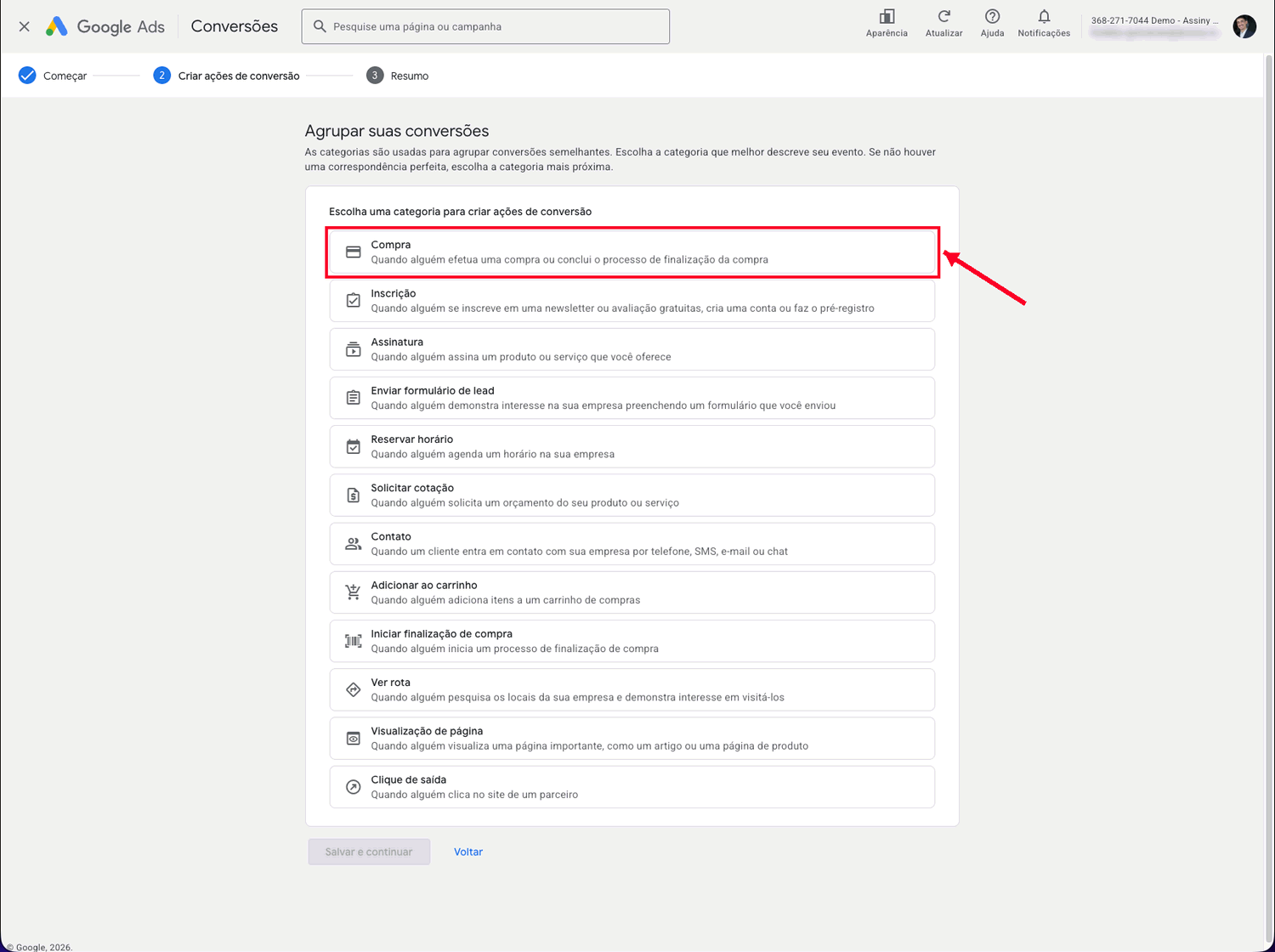 Lista completa de categorias do Google Ads com Compra selecionada