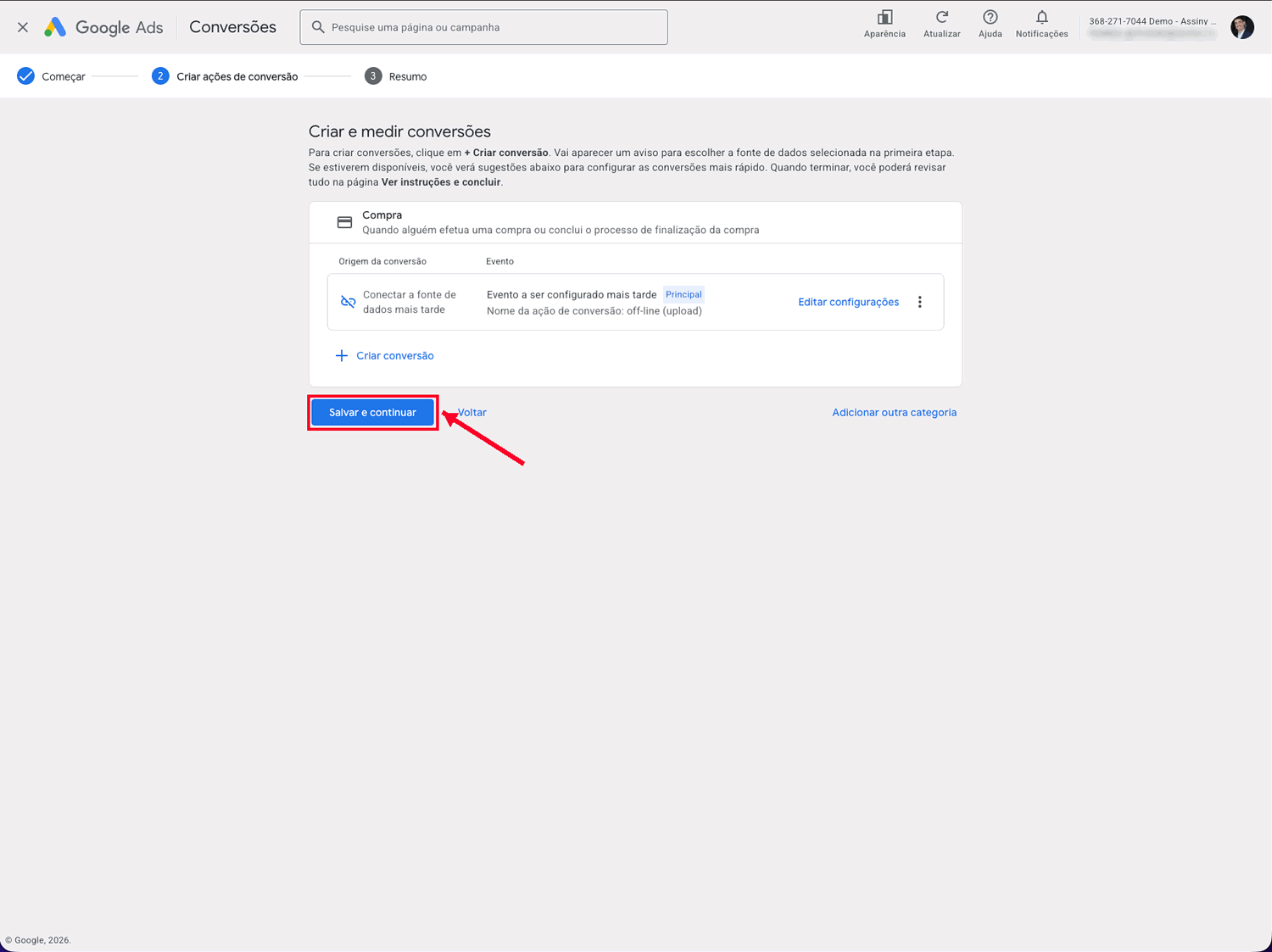 Tela de criação e medição de conversões do Google Ads com a ação de compra