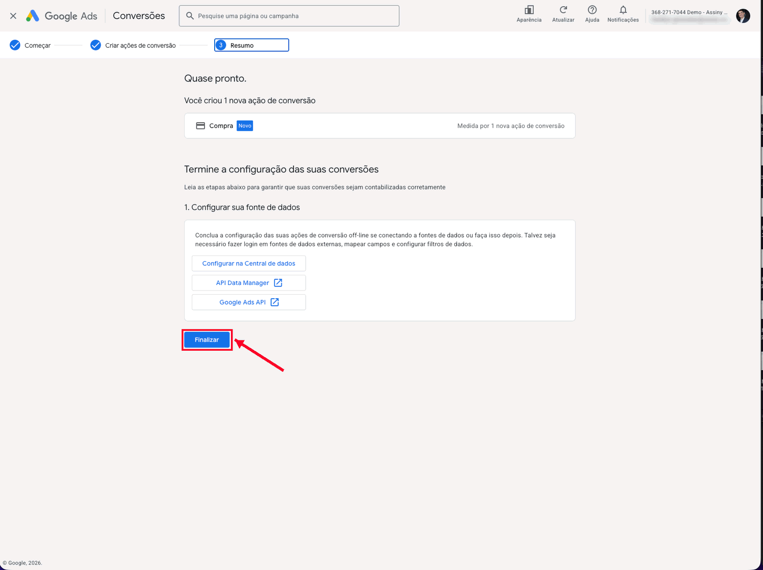 Tela de resumo do Google Ads com a ação de compra criada e o botão Finalizar