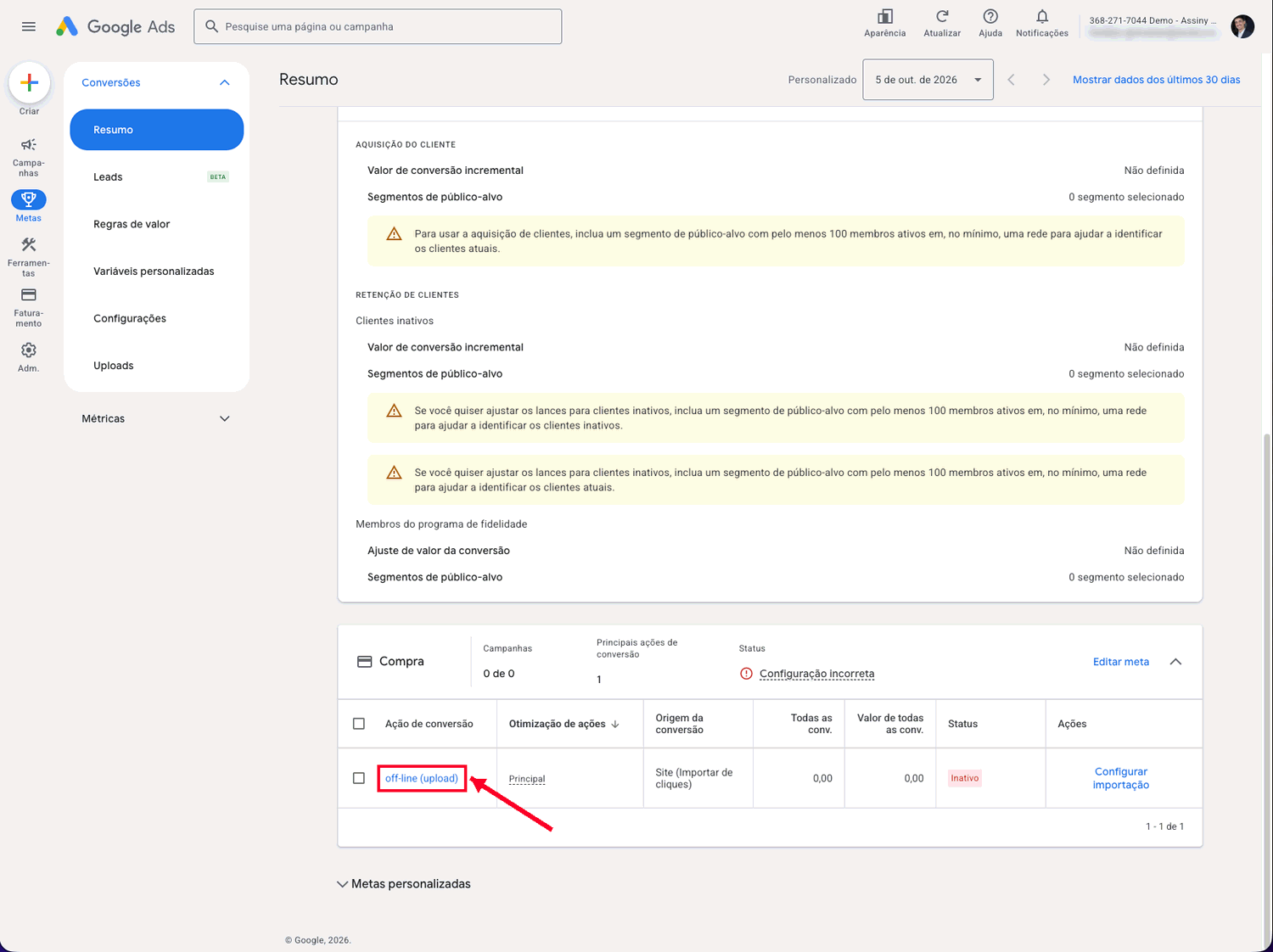 Resumo de conversões do Google Ads com a ação de compra inativa