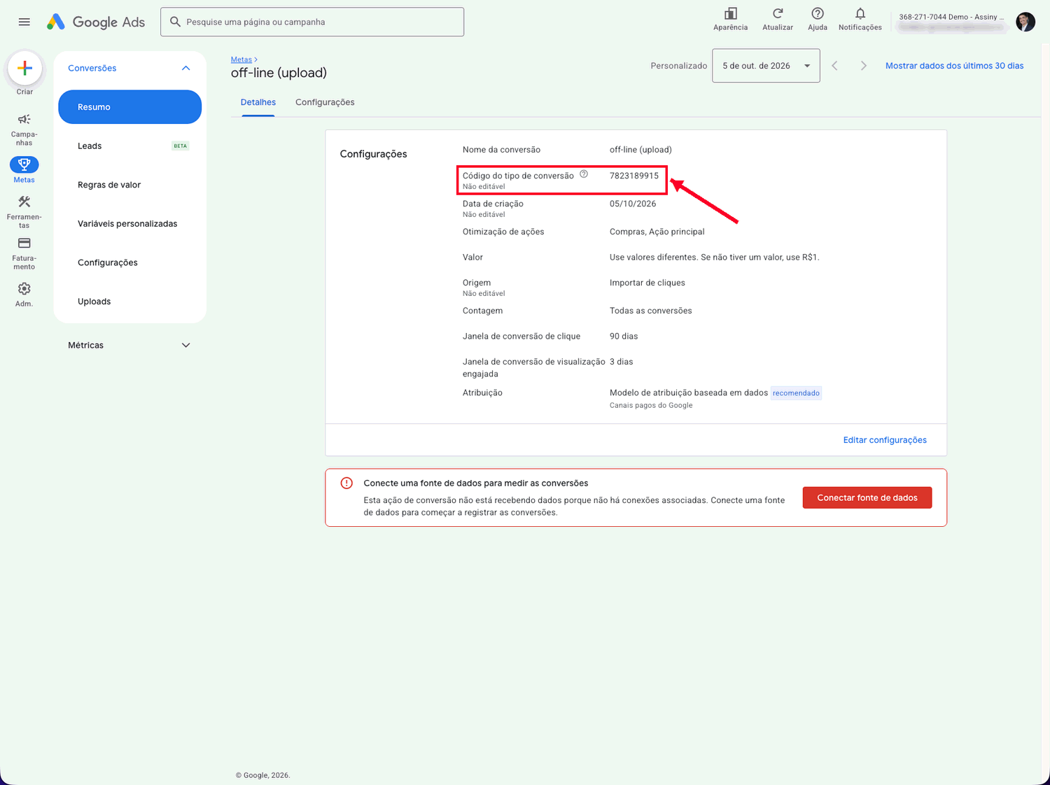Página de detalhes da ação de conversão do Google Ads com o código do tipo de conversão