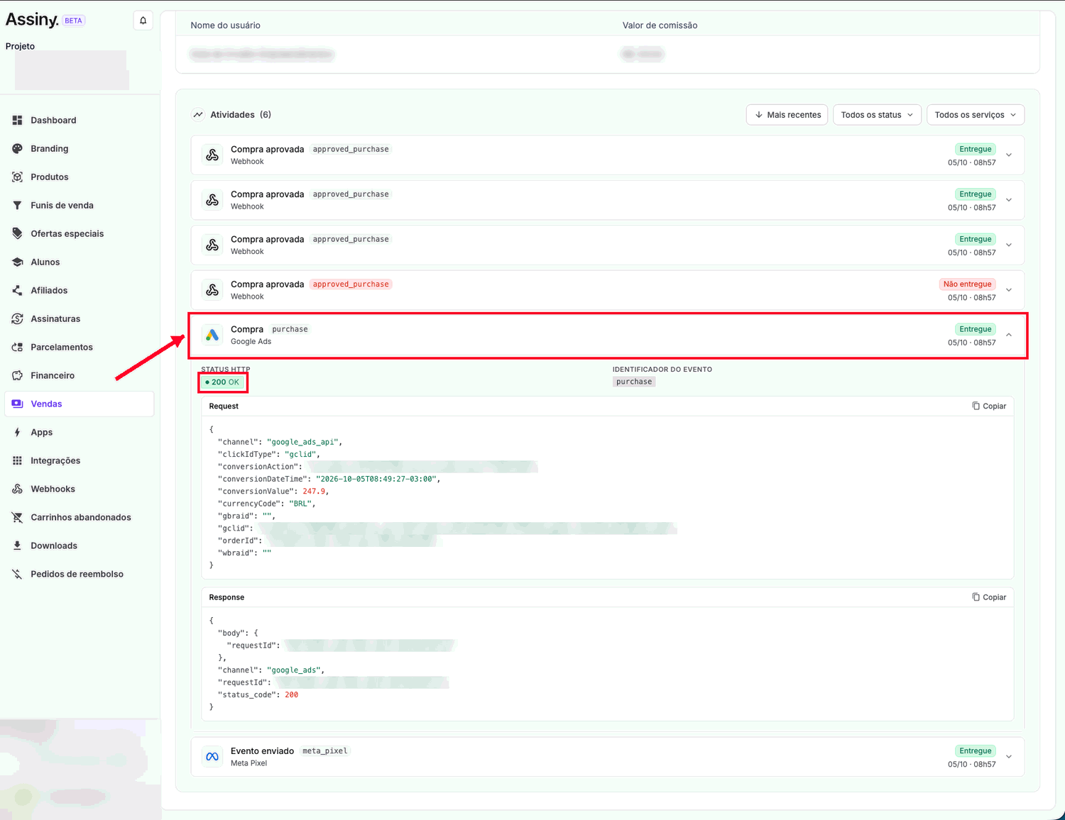 Atividades de uma venda na Assiny com o evento de compra entregue ao Google Ads