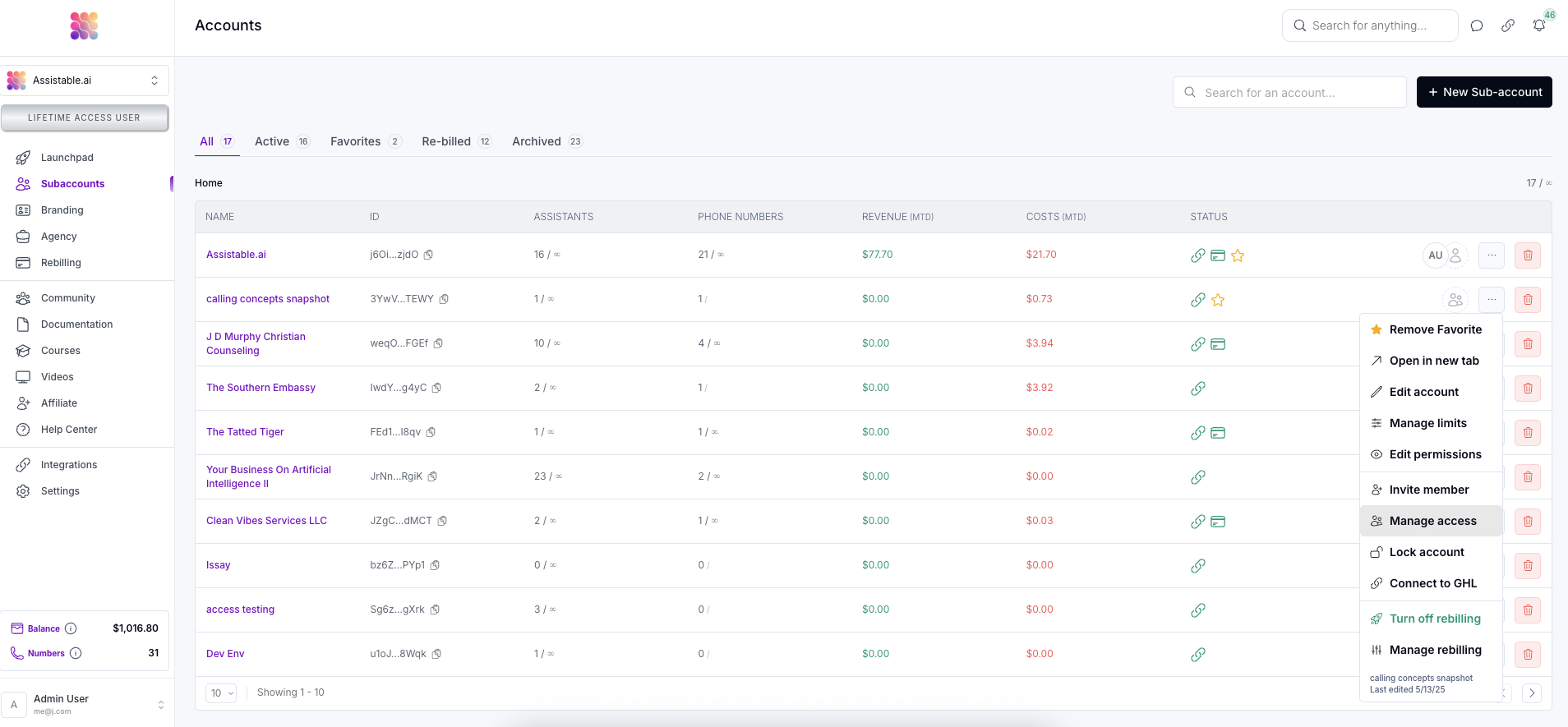 Sub Account Manage Menu Pn