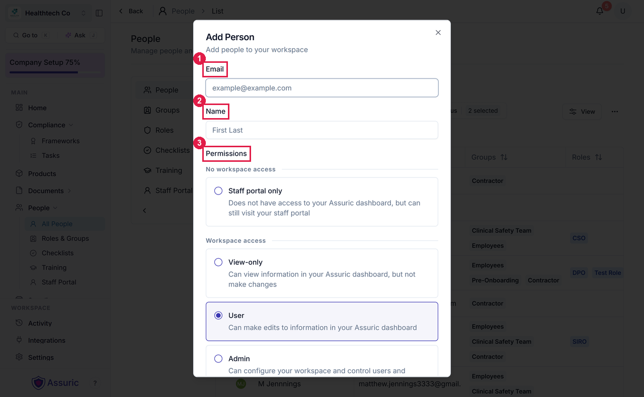 The Add Person dialog with Email, Name and Permissions fields