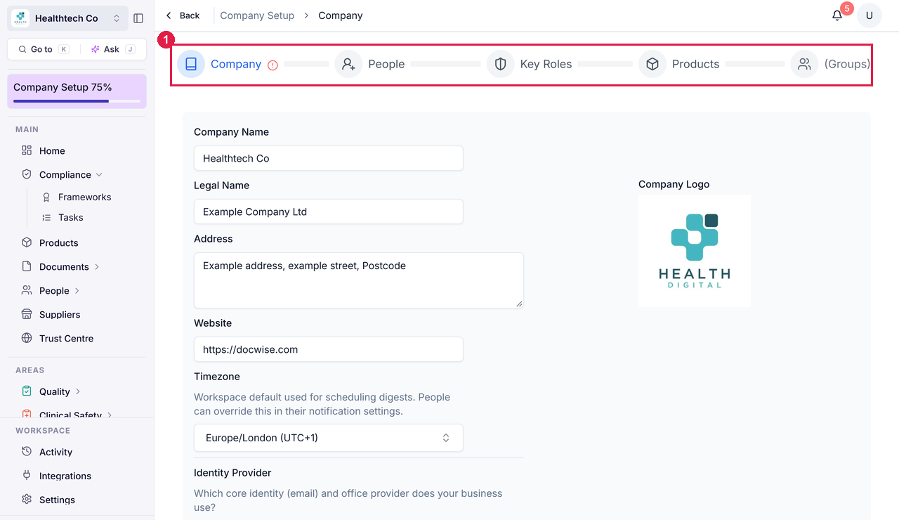 The Company Setup screen with its tab strip