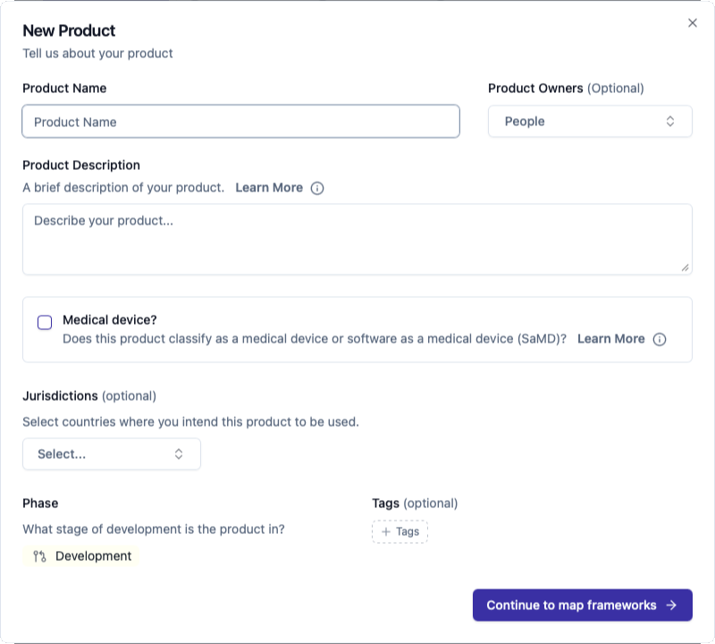 The New Product form with name, owner, description, medical device, jurisdictions, phase and tags fields