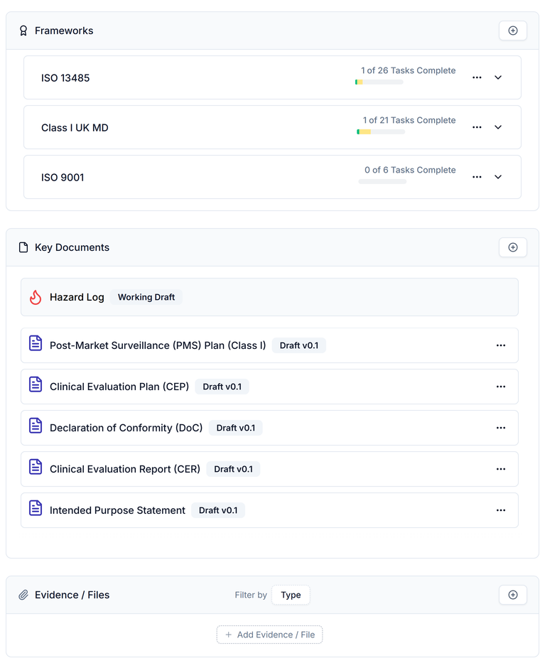 A product record showing its frameworks, key documents and evidence