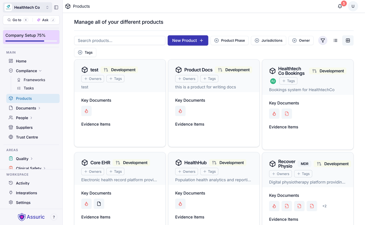 The Products page in tile view, with the New Product button