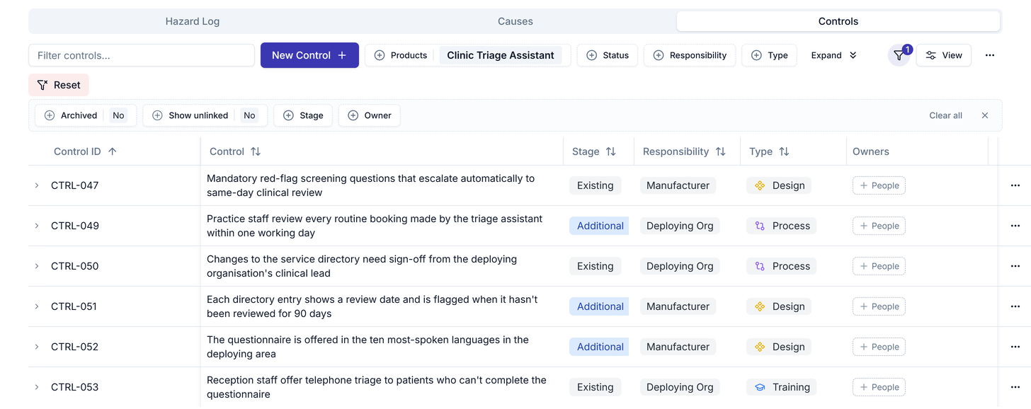 The Controls tab listing the controls for Clinic Triage Assistant, with their stage, responsibility and type