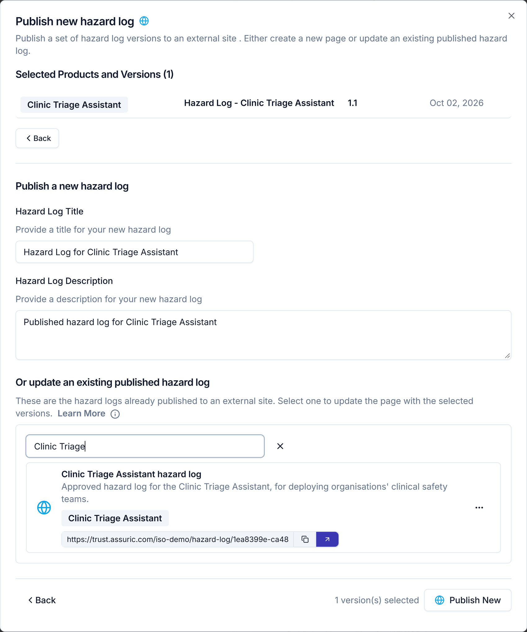 The second step of Publish new hazard log with the selected versions, Hazard Log Title and Hazard Log Description, and the update an existing published hazard log section