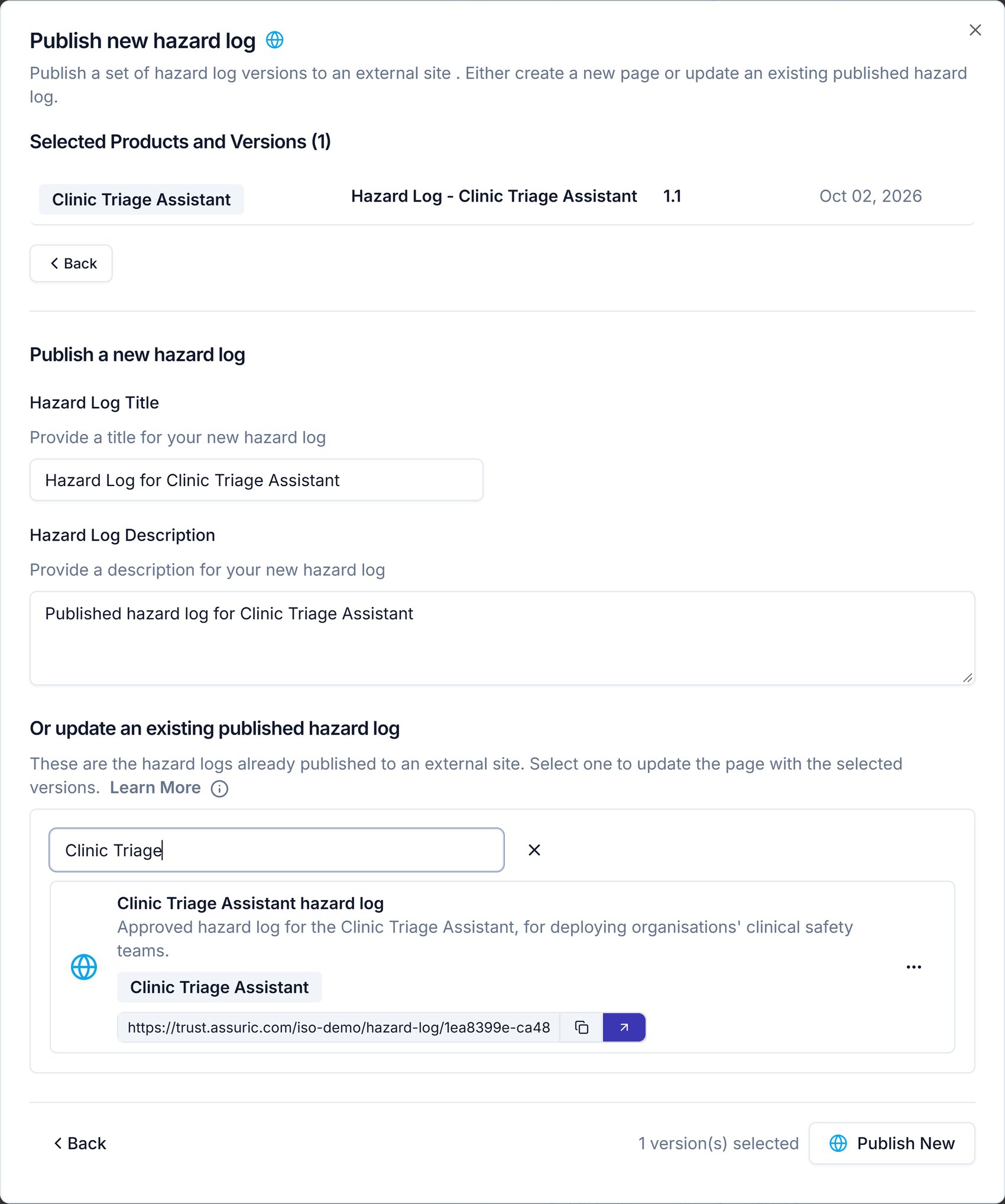 The second step of Publish new hazard log with the selected versions, Hazard Log Title and Hazard Log Description, and the update an existing published hazard log section