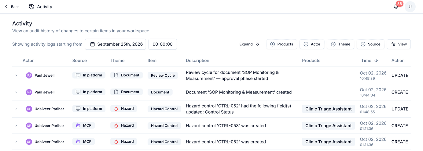 The Activity log page, showing filters for Products, Actor, Theme, Source and View above a table of change entries
