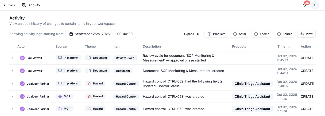 The Activity log page, showing filters for Products, Actor, Theme, Source and View above a table of change entries