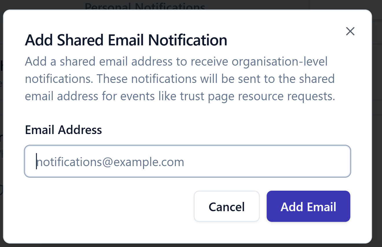 The Add Shared Email Notification form, with an Email Address field and an Add Email button