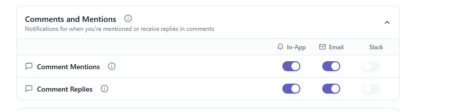 The Comments and Mentions notification category, showing In-App, Email and Slack toggles for Comment Mentions and Comment Replies