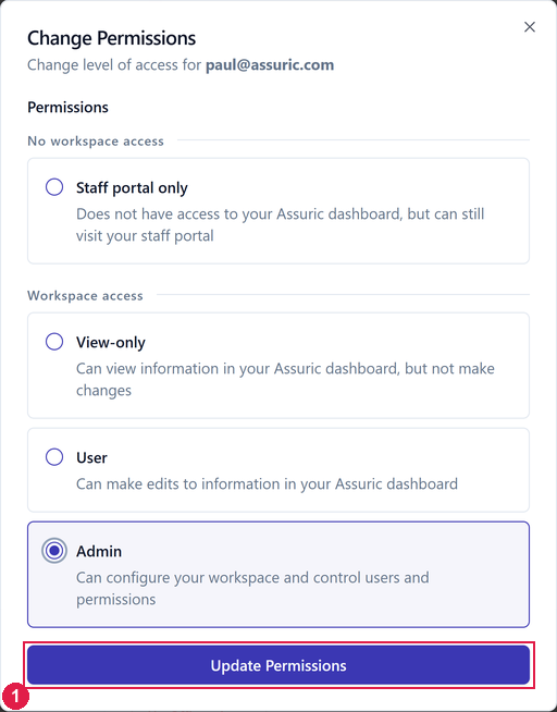 The Change Permissions dialog for paul@assuric.com listing Staff portal only under No workspace access, and View-only, User and Admin under Workspace access, with the Update Permissions button highlighted
