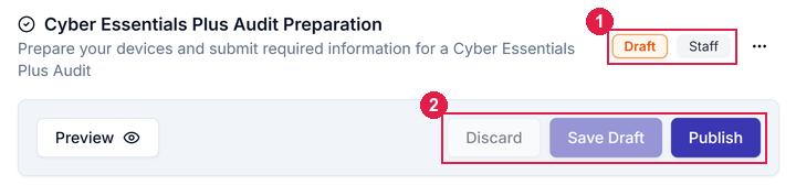 The top of the editor for a draft checklist, with the Title and Message, Draft and Staff badges, and the Preview, Discard, Save Draft and Publish buttons