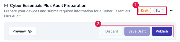 The top of the editor for a draft checklist, with the Title and Message, Draft and Staff badges, and the Preview, Discard, Save Draft and Publish buttons