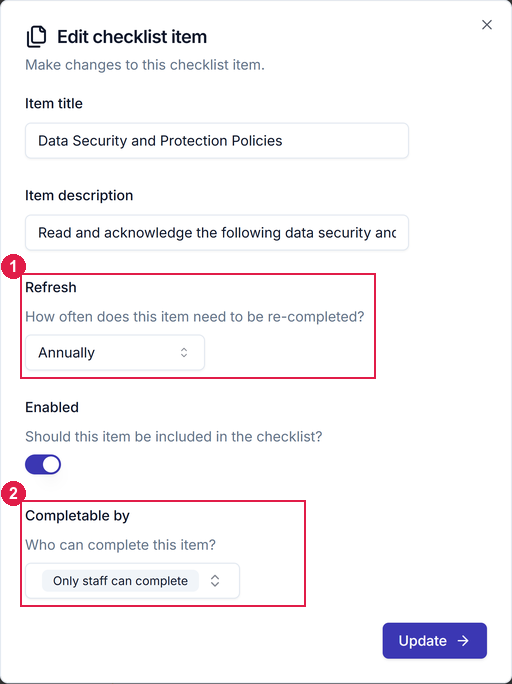 The Edit checklist item dialog with Item title, Item description, Refresh set to Annually, an Enabled switch, and Completable by set to Only staff can complete