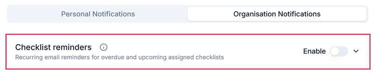 The Organisation Notifications tab with the Checklist reminders row, reading Recurring email reminders for overdue and upcoming assigned checklists, and an Enable switch turned off
